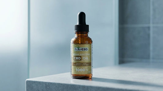 An amber glass dropper bottle of Blagic CBD CBD Oil with a black dropper cap, standing on a light gray stone surface against a blurred blue-gray tiled background.