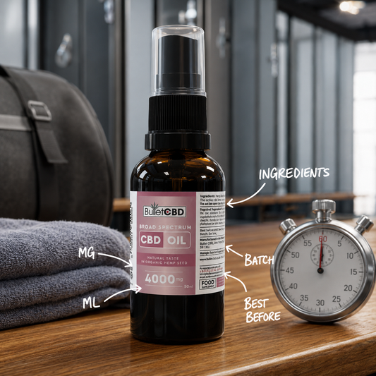 A BulletCBD bottle sits in the centre of a desk or gym changing-room bench with a large analogue stopwatch beside it showing approximately one minute. 