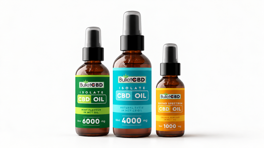 BulletCBD neutral 4000mg, mint 6000mg and orange 1000mg CBD oil spray bottles.