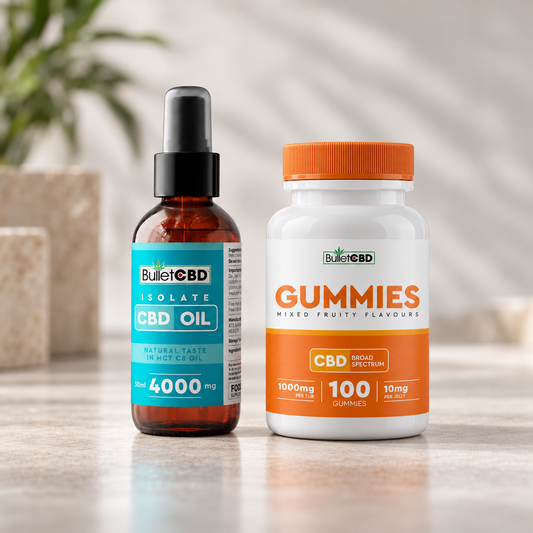 BulletCBD 1000mg CBD Gummies – 100 Pack pot beside a 4000mg CBD Isolate Oil Spray – 50ml bottle.
