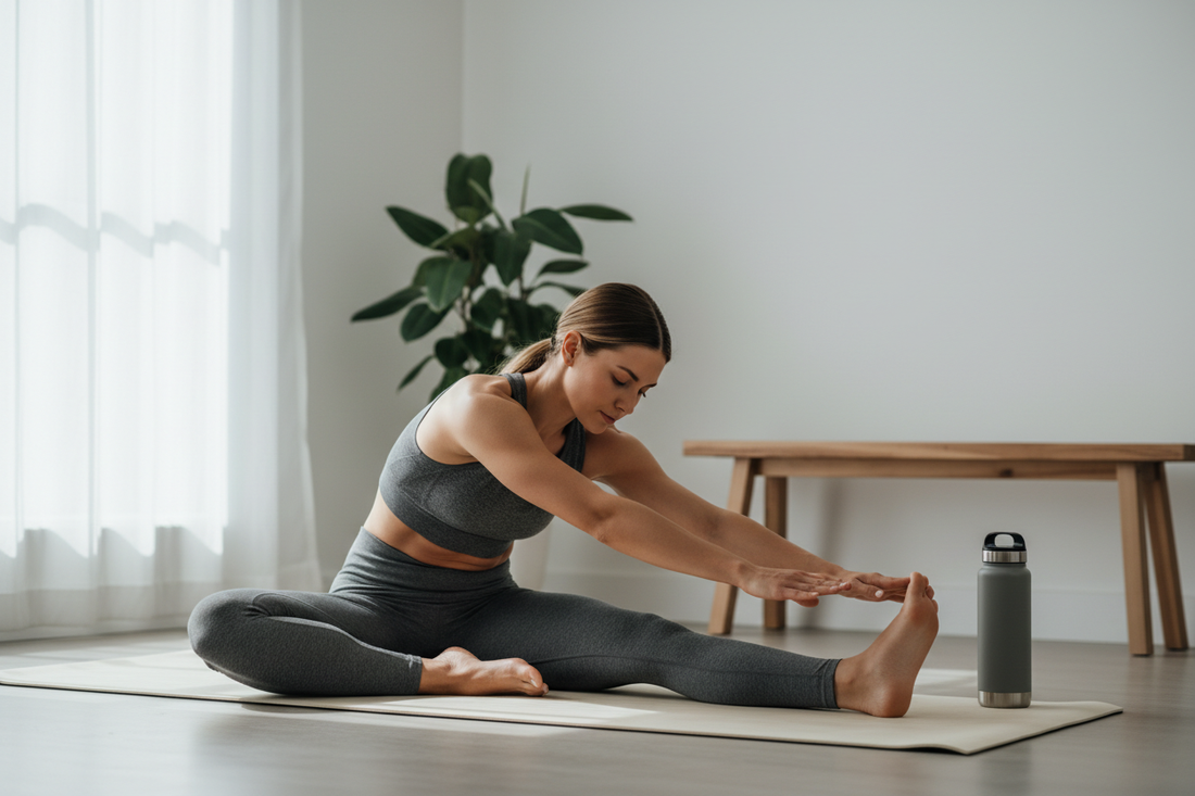 Athlete stretching and recovering post-workout in natural light