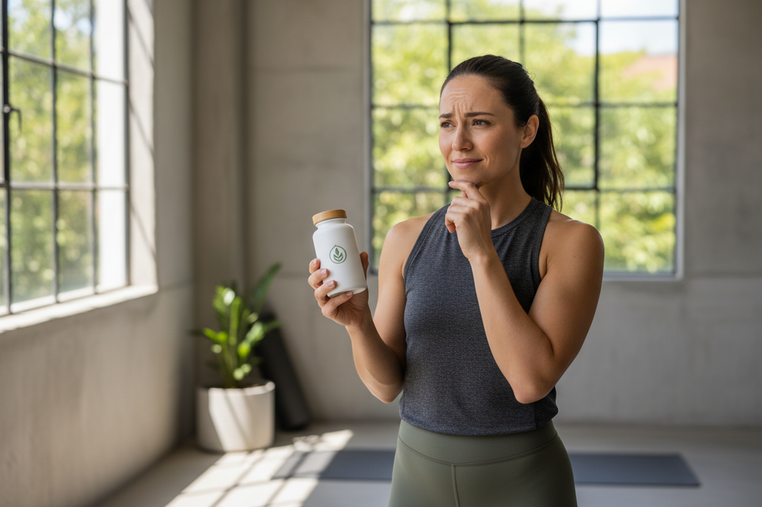 Active person holding a CBD wellness product outdoors, looking informed and confident