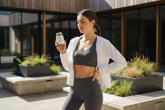 Active person in outdoor setting examining a CBD supplement label