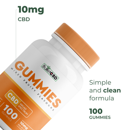 Bottle of CBD gummies with text indicating 10mg CBD and 100 gummies on a white background.