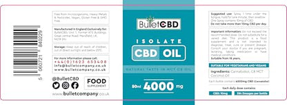BulletCBD isolate CBD oil packaging with product details.