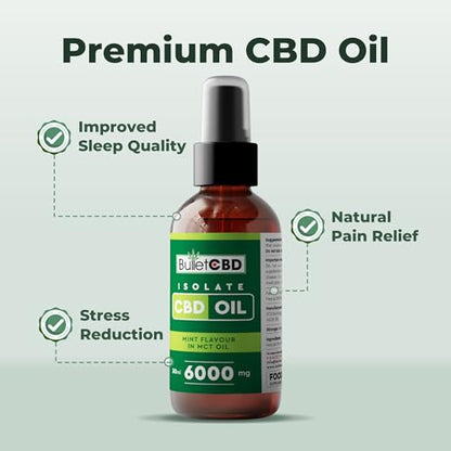 Bottle of Bullet CBD isolate CBD oil with text highlighting benefits on a light gray background