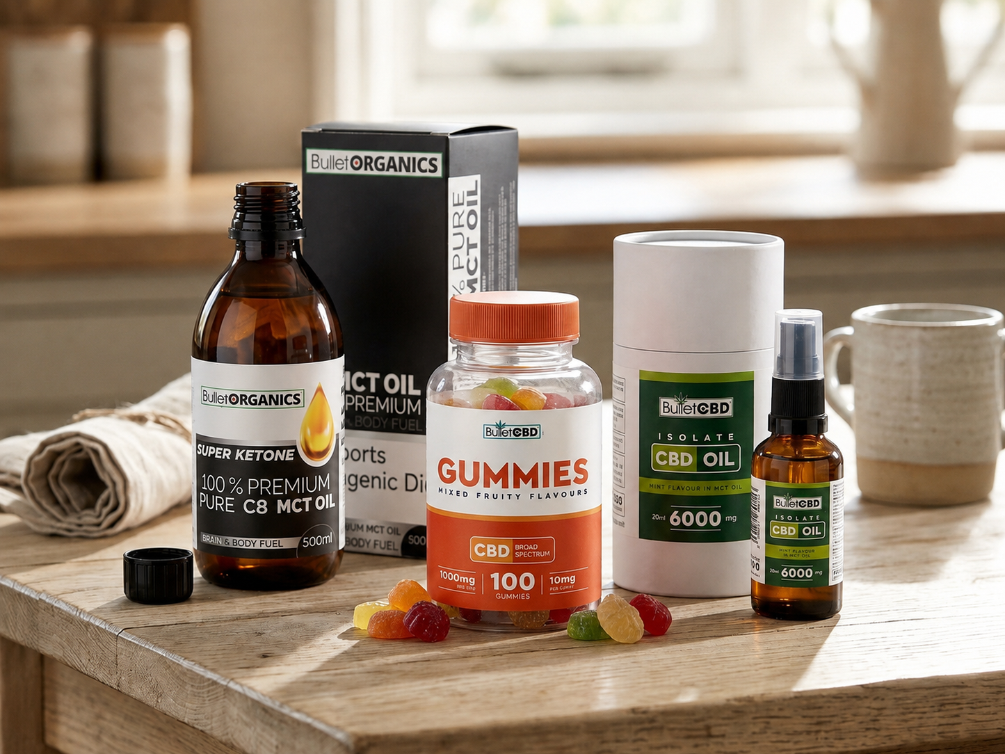The Bullet Box CBD bundle UK with 6000mg mint CBD spray, 1000mg CBD gummies and 500ml C8 MCT oil