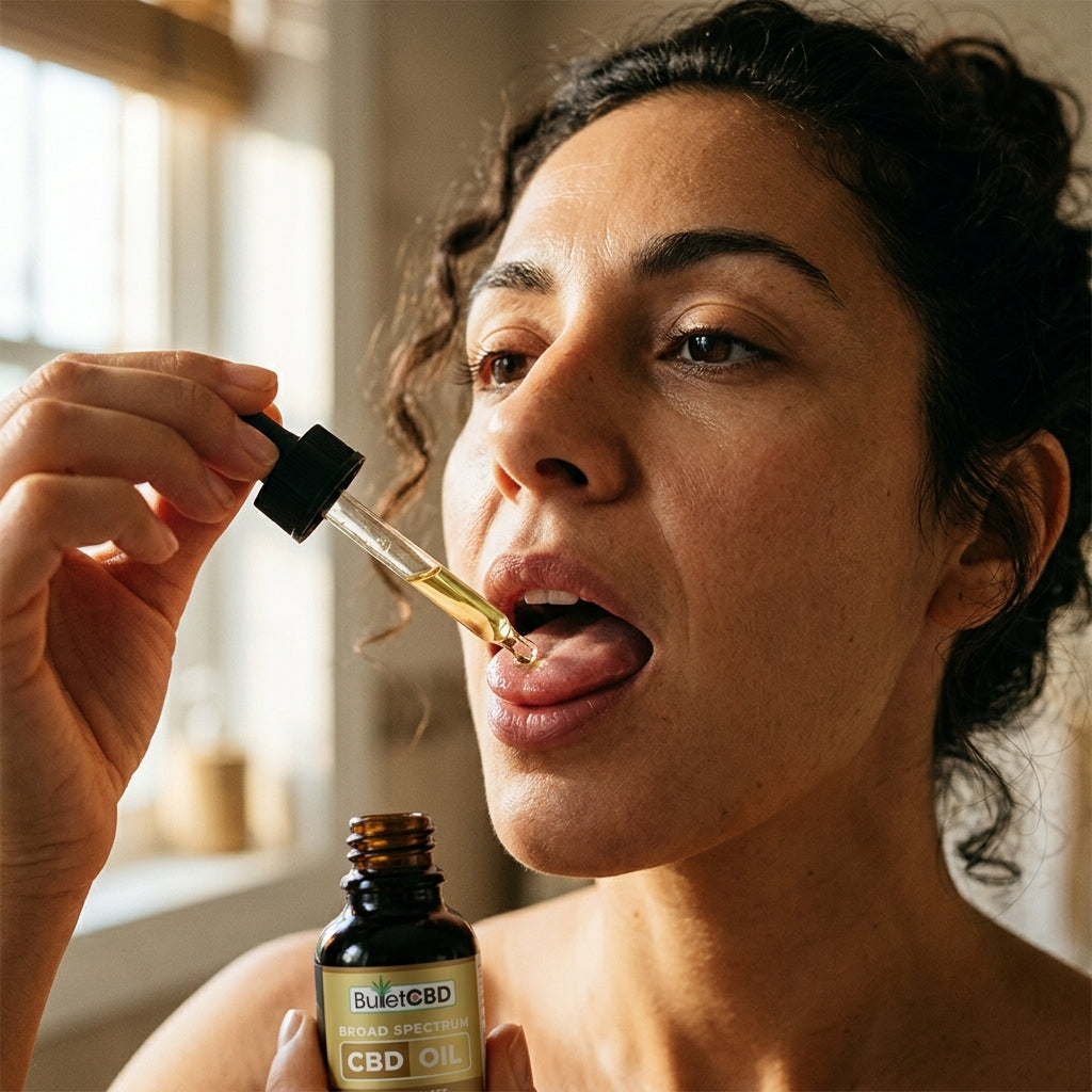 A close-up lifestyle shot of a woman applying CBD oil from a dropper bottle to her lips. She holds a glass dropper over her mouth while holding the amber glass bottle in her other hand.