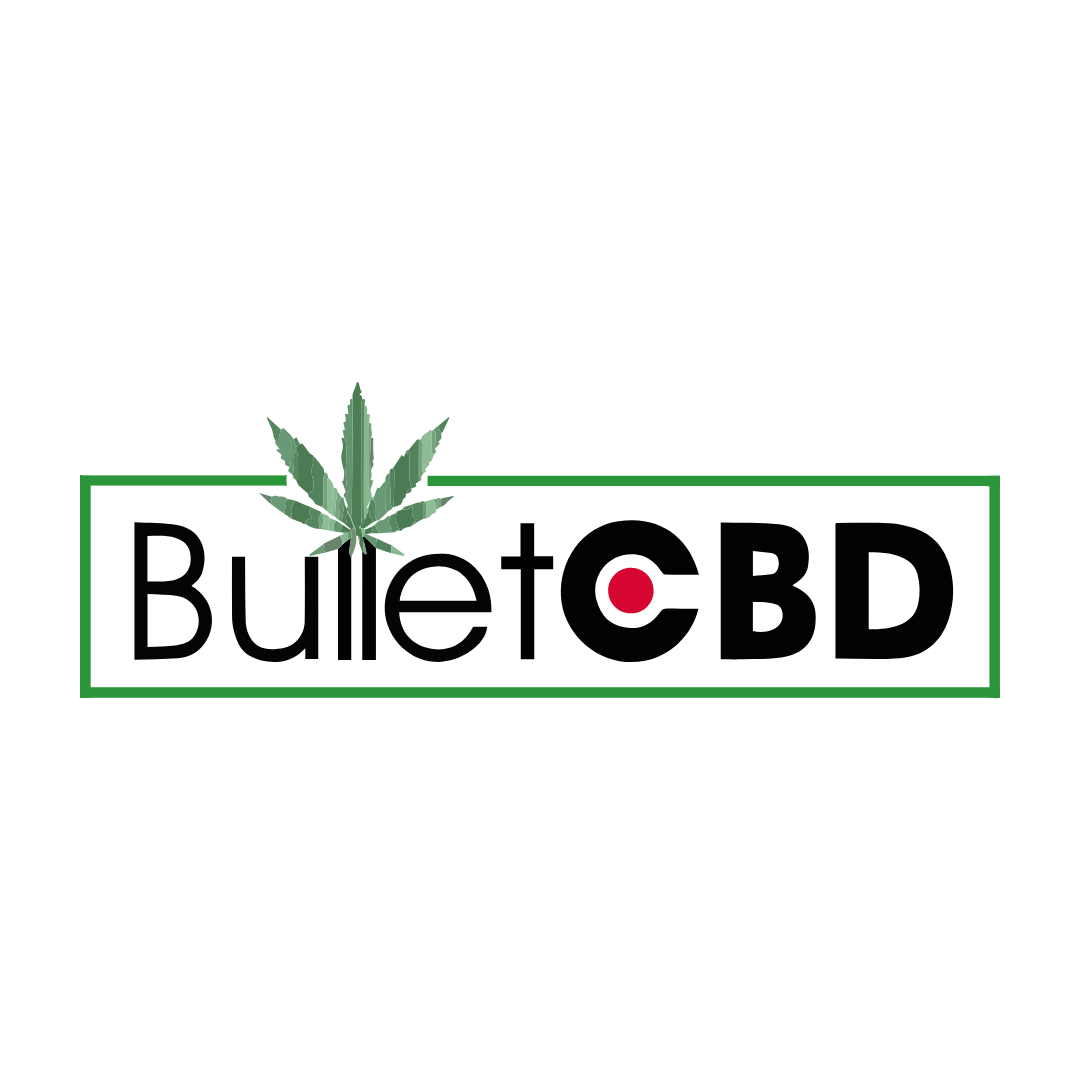 Bullet CBD logo featuring a green cannabis leaf integrated into the letter 'B', with black text and a red dot inside the 'O', all enclosed in a thin green rectangular border on a white background.