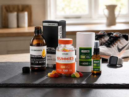 A group of CBD wellness products arranged on a dark slate surface in a kitchen setting, including a brown bottle of MCT oil, a black box, a clear jar of gummies, a white tub, a small spray bottle, loose gummies, and a blurred Nike sneaker in the background.