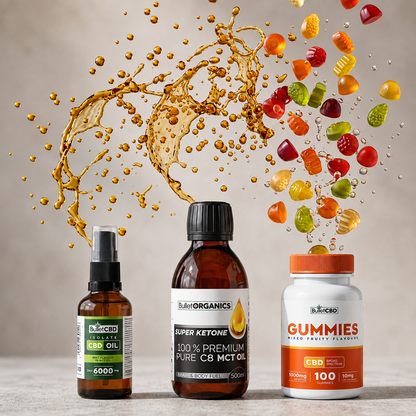 The Bullet Box CBD bundle UK with 6000mg mint CBD spray, 1000mg CBD gummies and 500ml C8 MCT oil. Shows ingredients 