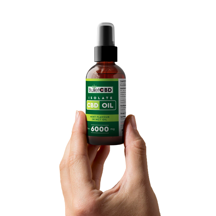 Hand holding a bottle of BulletCBD CBD oil on a white background