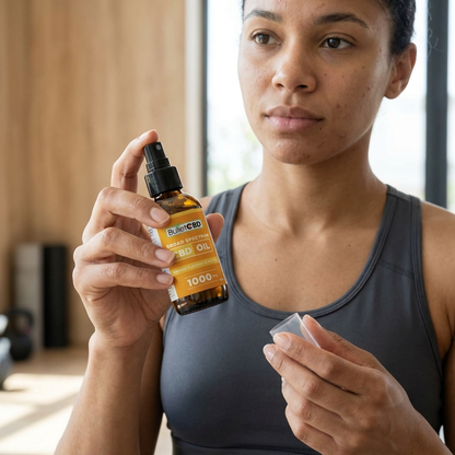 A woman in a gray athletic tank top holds a small amber spray bottle labeled BRIGHT CBD Full Spectrum CBD Oil 1000mg next to a clear plastic dropper container in a brightly lit indoor setting. Best orange cbd oil uk