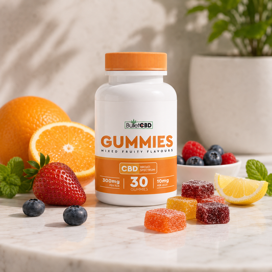 BulletCBD mixed fruity broad spectrum CBD gummies, 300mg per tub with 30 gummies and 10mg CBD per jelly