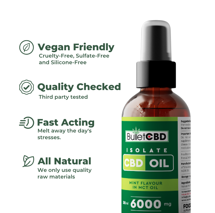 CBD oil bottle with BulletCBD branding and product features listed on a white background