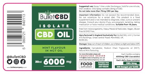 Label of Bullet CBD Isolate CBD Oil with product details and branding.