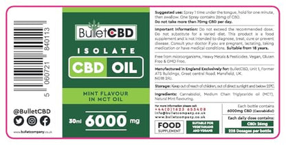 Label of Bullet CBD Isolate CBD Oil with product details and branding.