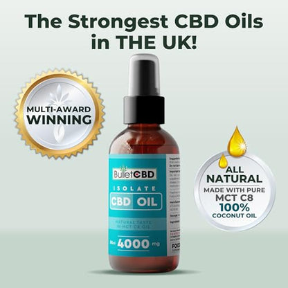 BulletCBD CBD oil bottle with branding and product details on a light gray background