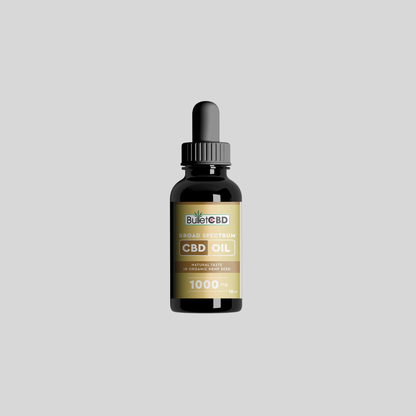 CBD oil bottle with dropper on a gray background