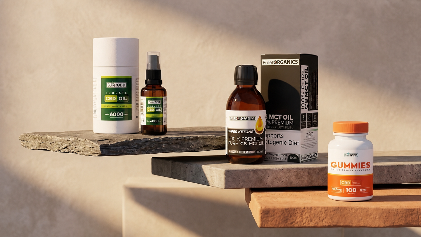 BulletCBD 6000mg mint CBD oil spray 30ml THC-free lab tested
BulletCBD broad spectrum CBD gummies 1000mg 100 count mixed fruit
Bullet Organics 500ml pure C8 MCT oil vegan keto