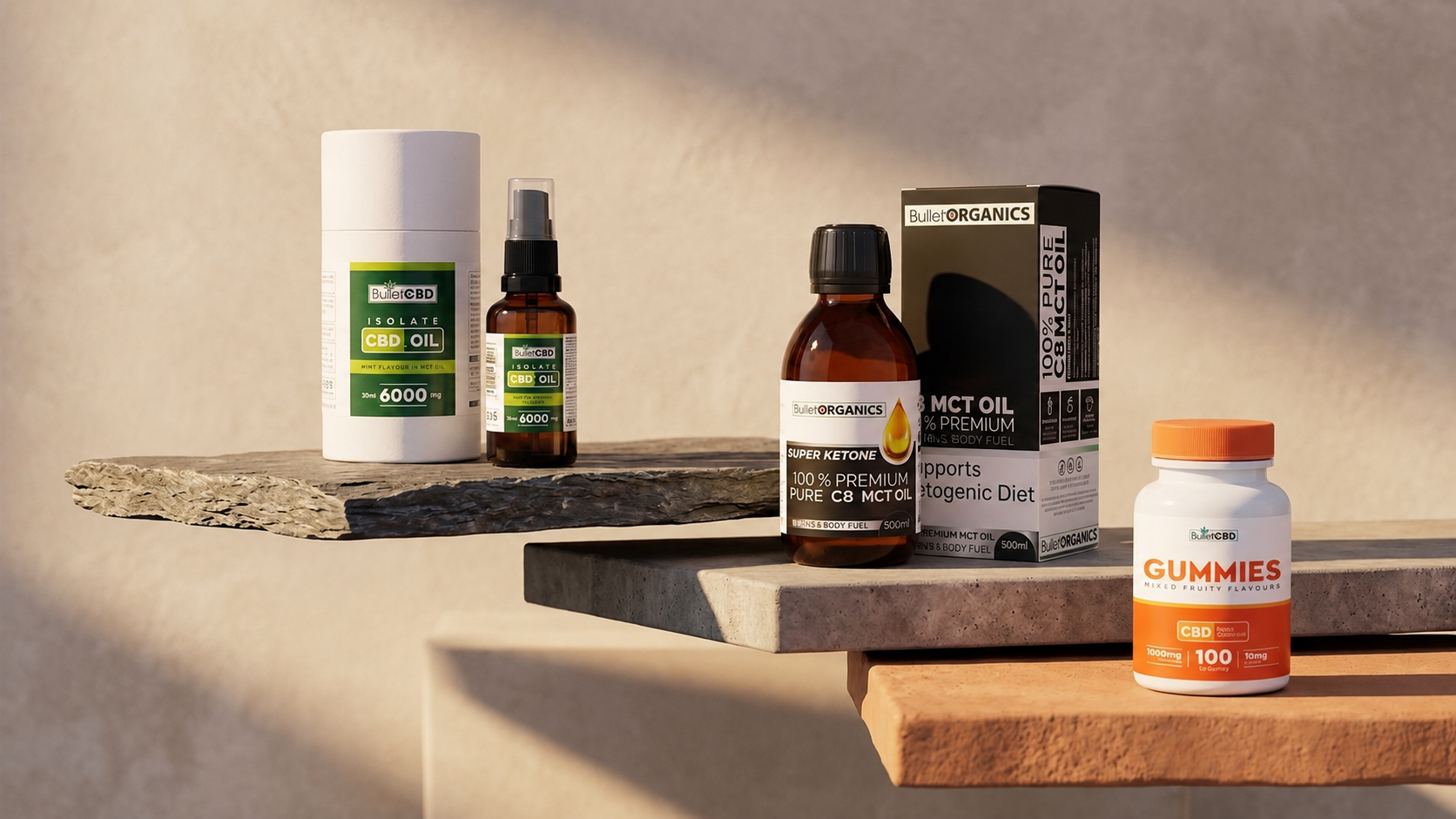 BulletCBD 6000mg mint CBD oil spray 30ml THC-free lab tested
BulletCBD broad spectrum CBD gummies 1000mg 100 count mixed fruit
Bullet Organics 500ml pure C8 MCT oil vegan keto
