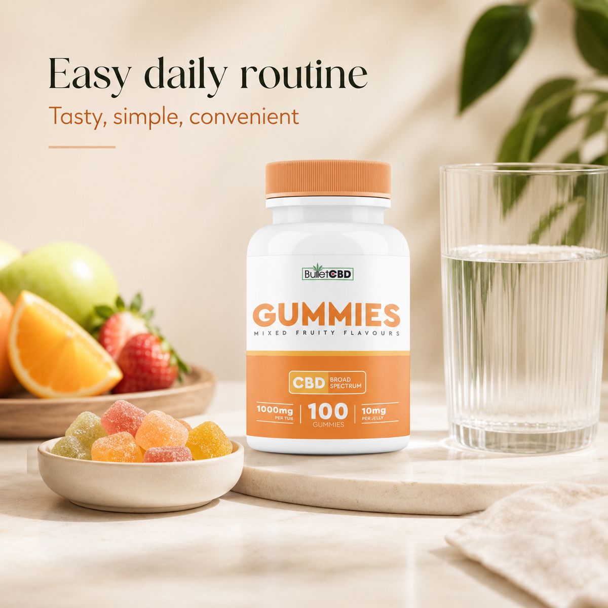 BulletCBD 1000mg broad spectrum CBD gummies presented as an easy daily routine with water and mixed fruit gummies