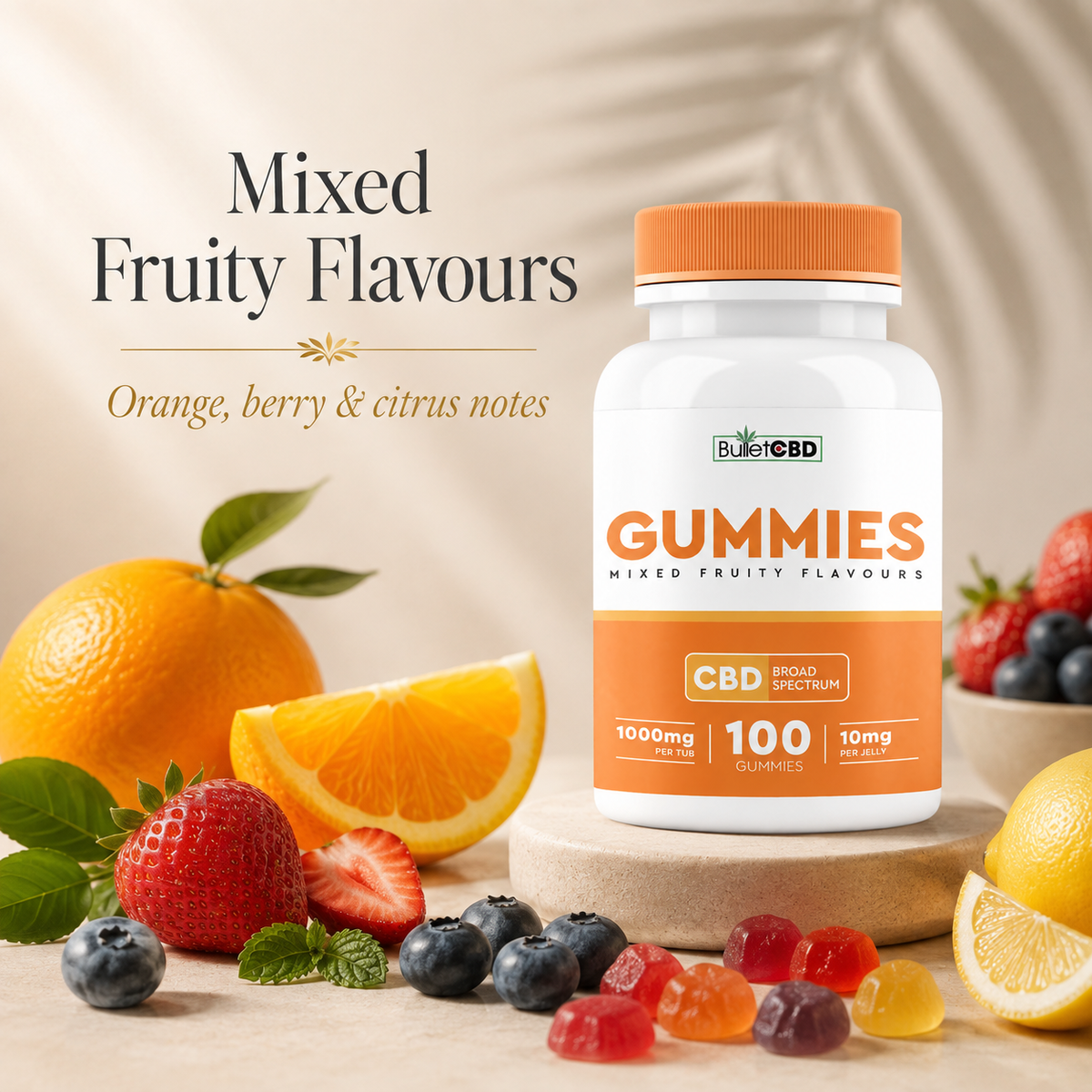 BulletCBD mixed fruity flavour CBD gummies with orange, berry and citrus notes, shown with fresh fruit and colourful gummies