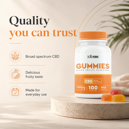BulletCBD broad spectrum CBD gummies quality graphic highlighting fruity taste, everyday use and 100 gummies per tub