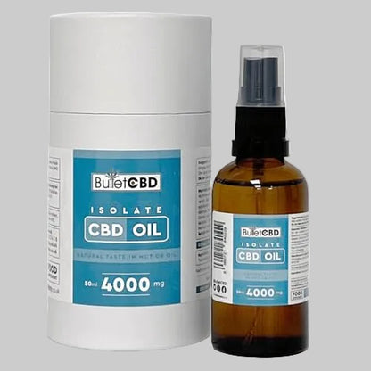 BulletCBD isolate CBD oil container and bottle on a white background