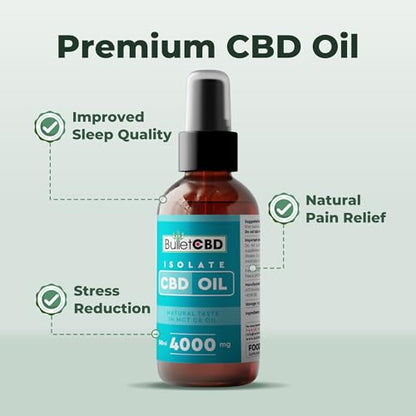Bottle of Bullet CBD isolate CBD oil with benefits listed on a light gray background