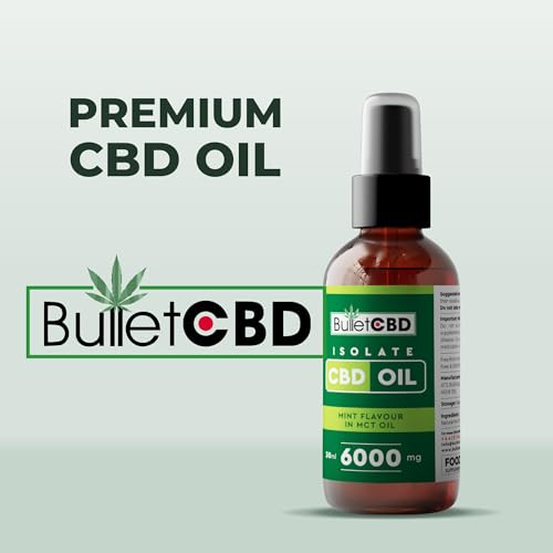 Bottle of Bullet CBD isolate CBD oil with branding and product details on a light green background