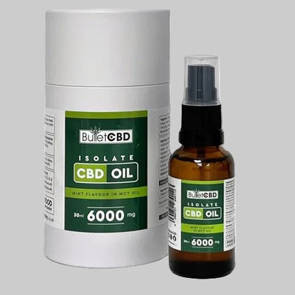 BulletCBD isolate CBD oil packaging and bottle on a white background