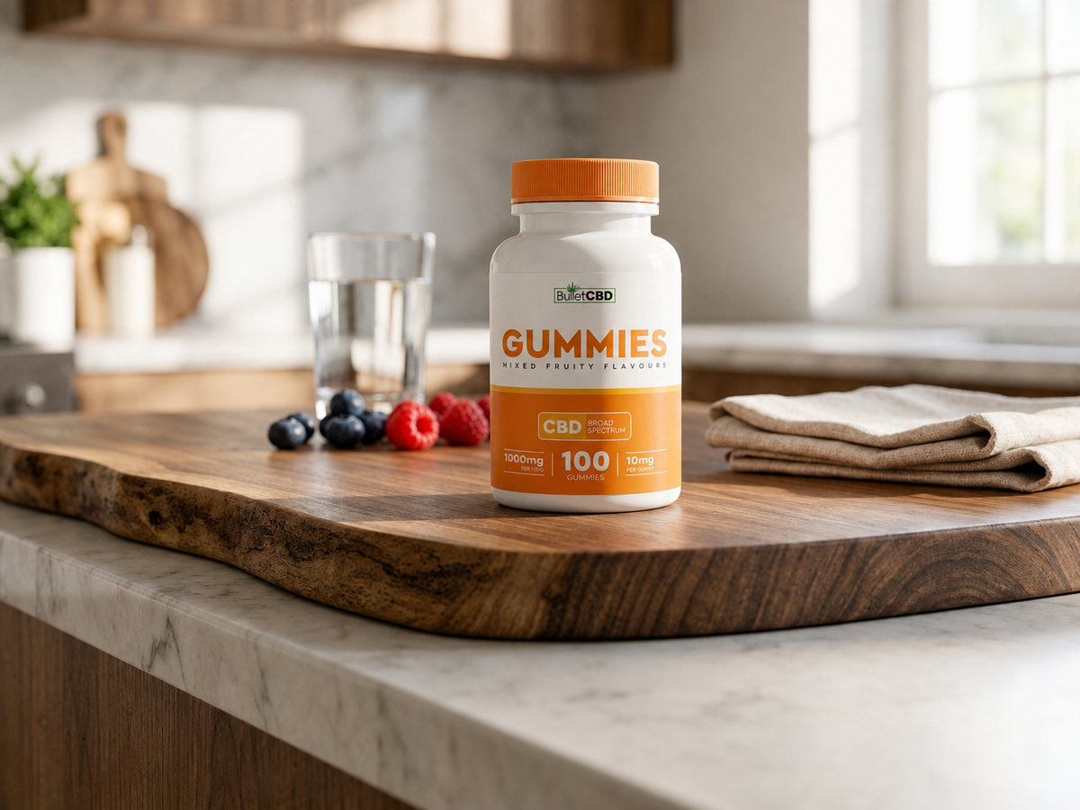 A bottle of Gummies dietary supplement with an orange cap and white/orange label sits on a wooden cutting board on a kitchen counter, surrounded by blueberries, raspberries, a glass of water, and a folded napkin.
