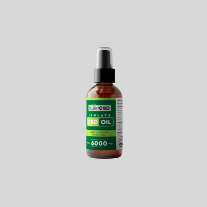Bottle of Buller CBD isolate CBD oil on a gray background