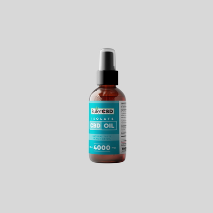Bottle of Bullet CBD isolate CBD oil on a gray background