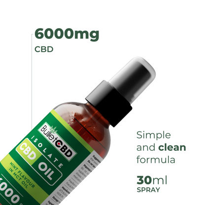 CBD oil bottle with label displaying 6000mg CBD content on a white background