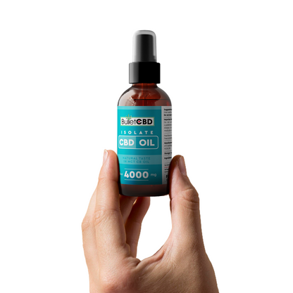 Hand holding a bottle of BulletCBD CBD Oil on a white background